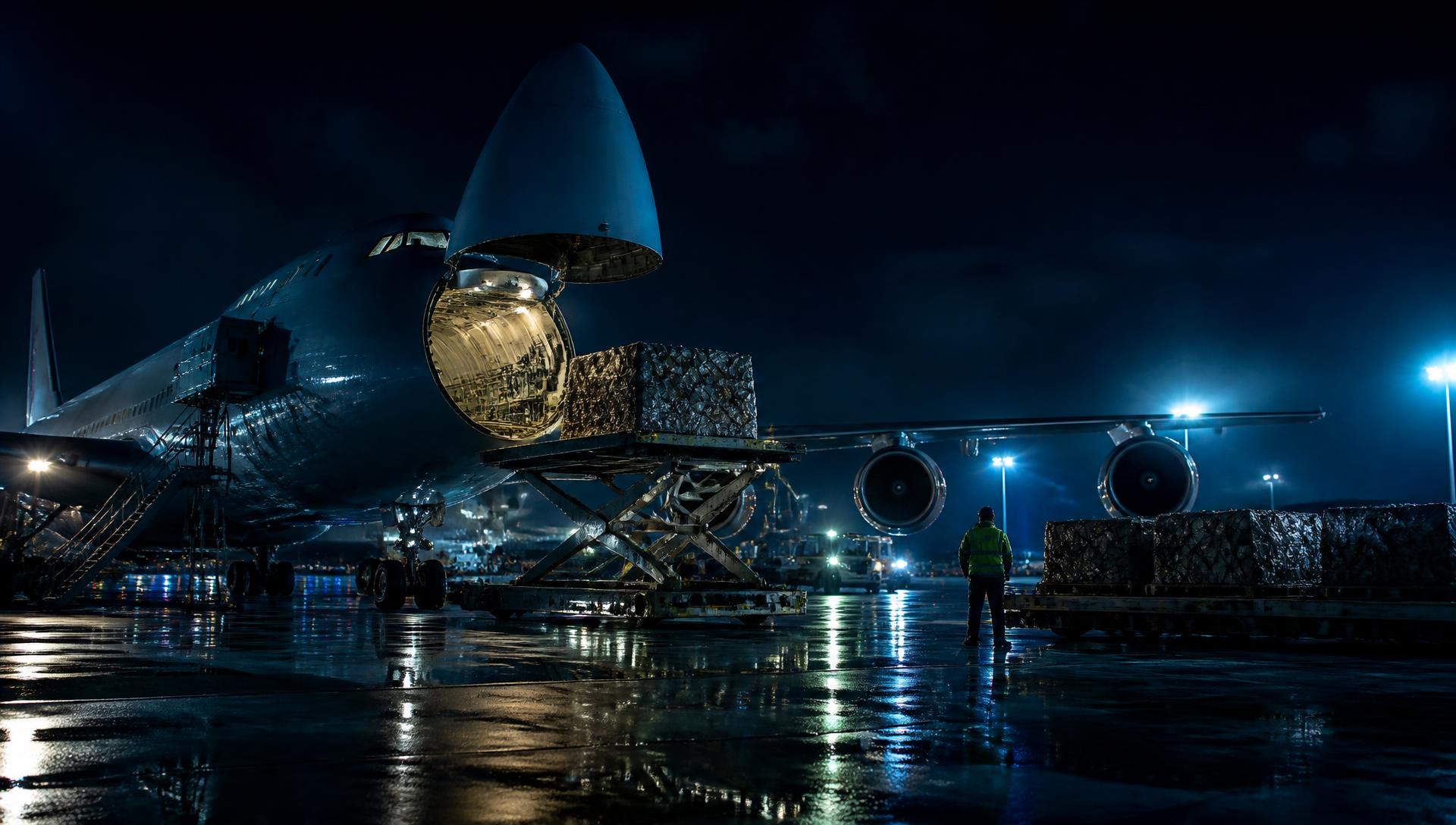 Cargo aircraft being loaded on an airport ramp at night